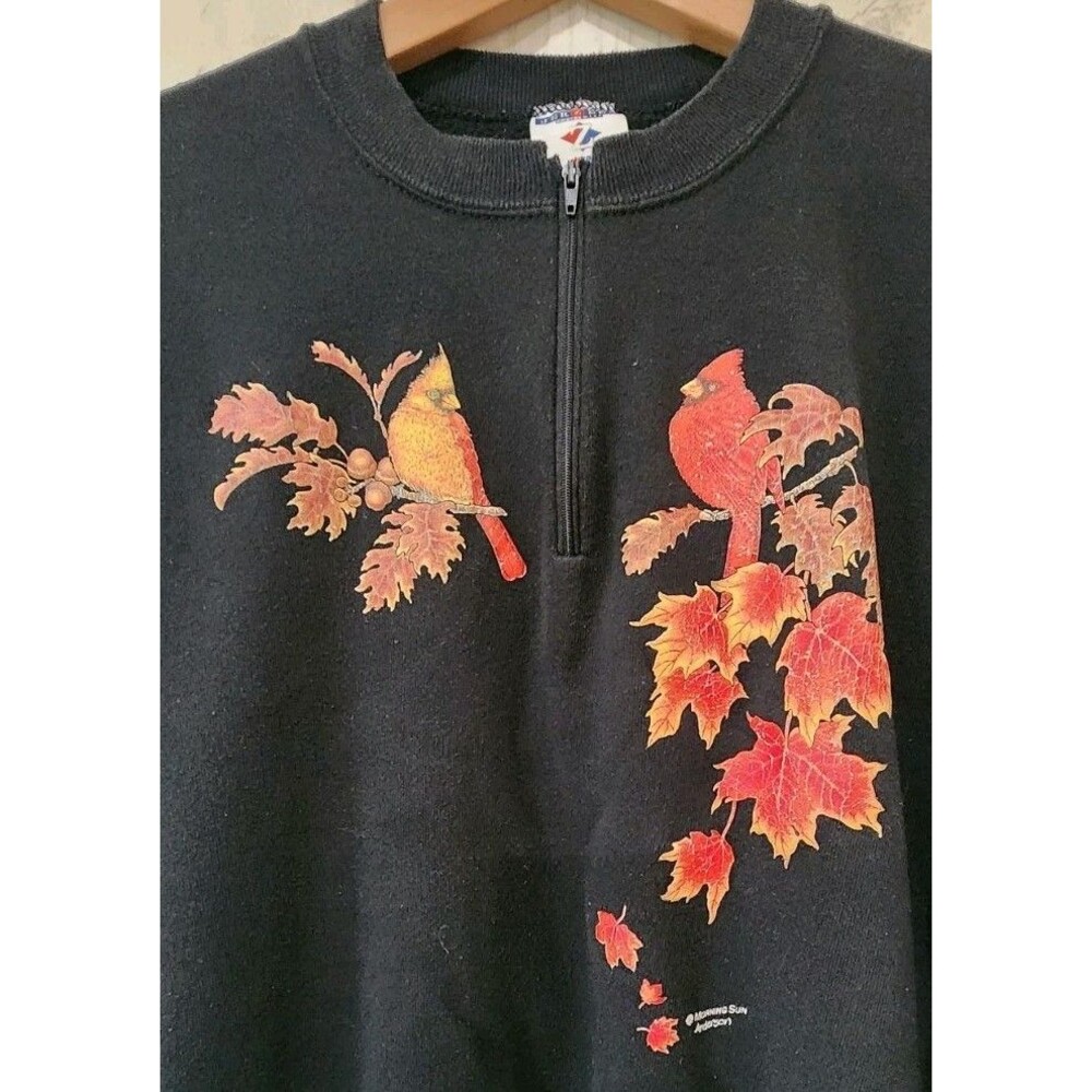 Vtg Jerzees Fall Theme Sweatshirt Woman's Large Black W Autumn Leaves And Robins - Picture 2 of 6